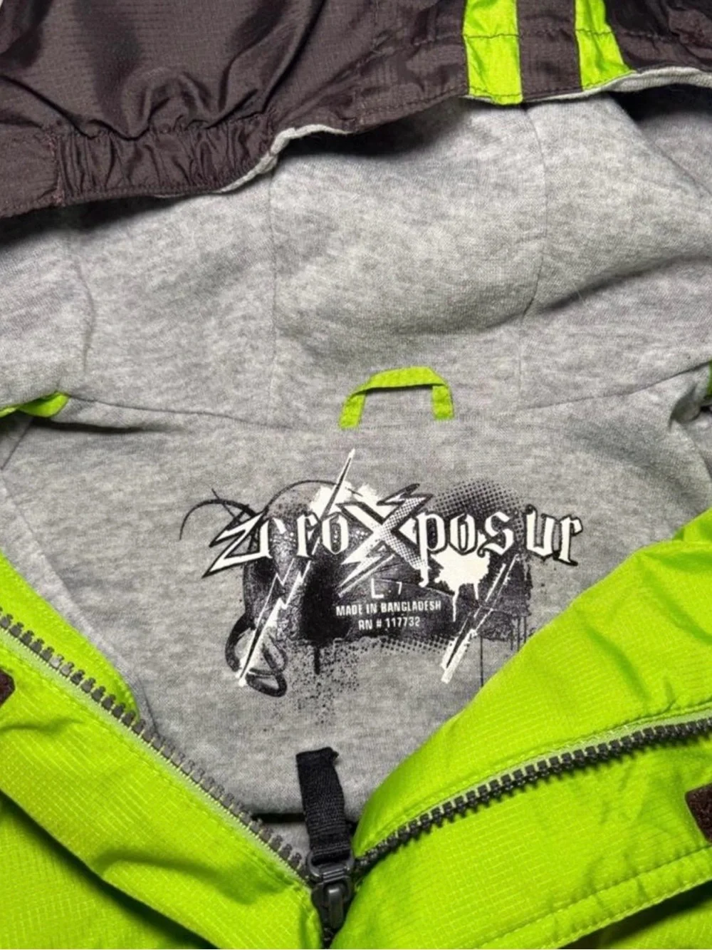 Vintage Y2K ZeroXposur Ski Jacket Boys L 7 Neon Green Faux Fur Hood Skater⁠